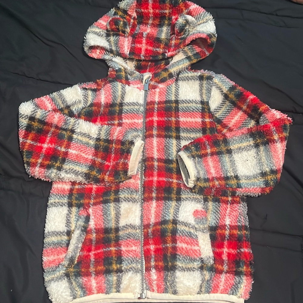 Plaid soft zip up sweater with bear ears